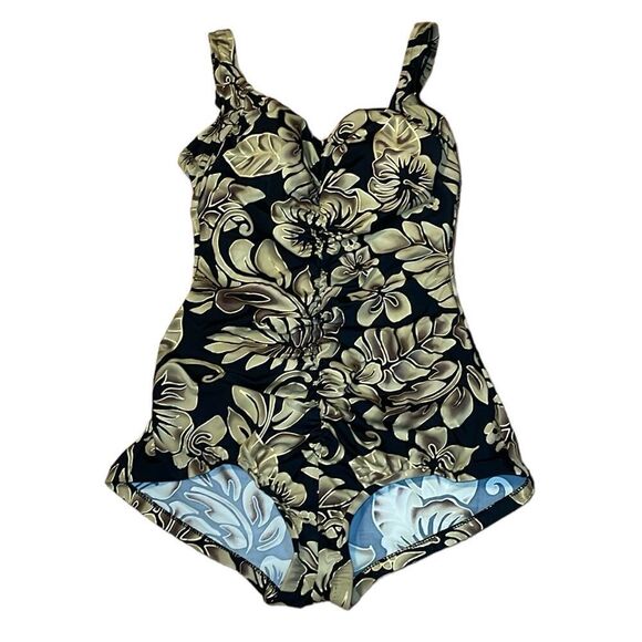 Vintage Maxine Swimsuit, one piece, black, tan, 14 - Picture 1 of 11